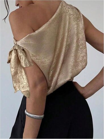 Women's Metallic Off The Shoulder Tops Elegant Bow Tie Ruched Shiny Evening Party Crop Blouse in Saudi Arabia
