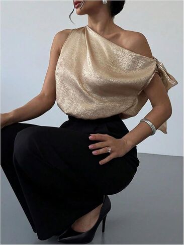 Women's Metallic Off The Shoulder Tops Elegant Bow Tie Ruched Shiny Evening Party Crop Blouse in Saudi Arabia