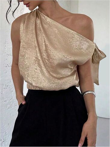 Women's Metallic Off The Shoulder Tops Elegant Bow Tie Ruched Shiny Evening Party Crop Blouse in Saudi Arabia