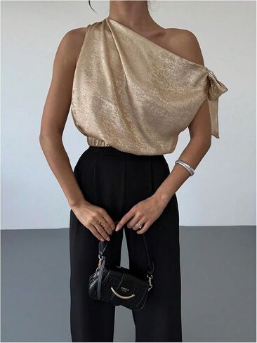 Women's Metallic Off The Shoulder Tops Elegant Bow Tie Ruched Shiny Evening Party Crop Blouse in Saudi Arabia