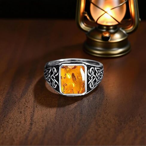 خاتم عقدة سلتيك كهرمان للرجال من الفضة الإسترلينية 925، سوار بيان أمبر أصلي، هدية مجوهرات سلتيك أيرلندية قابلة للتعديل يدويًا للزوج والأب in Kuwait