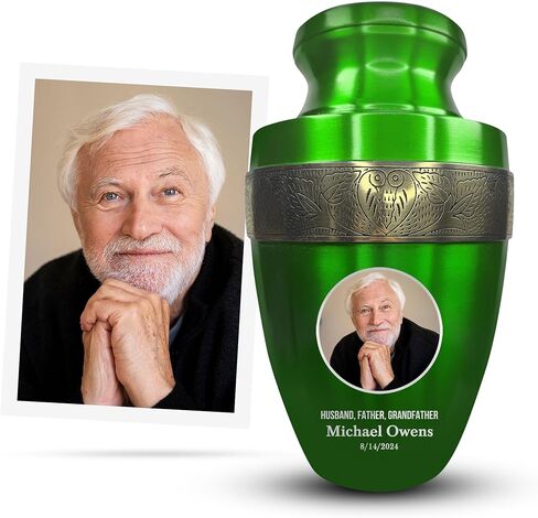 Personalized Adult Human Cremation Urn with Photo and Engraved Name Date on Vessel for Ashes and Cremains of Men and Women | Elite Series Picture Urn with Gold Rim | 200 Lbs | Green in Saudi Arabia