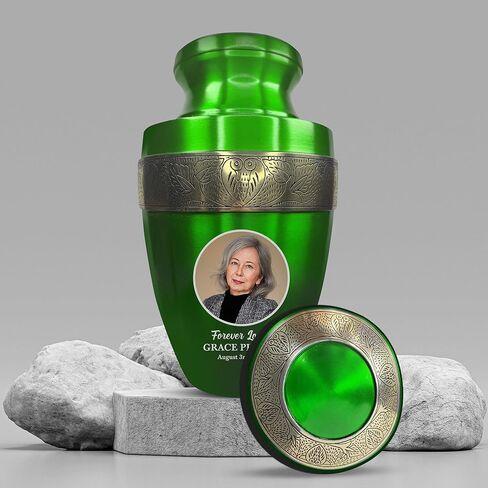 Personalized Adult Human Cremation Urn with Photo and Engraved Name Date on Vessel for Ashes and Cremains of Men and Women | Elite Series Picture Urn with Gold Rim | 200 Lbs | Green in Saudi Arabia