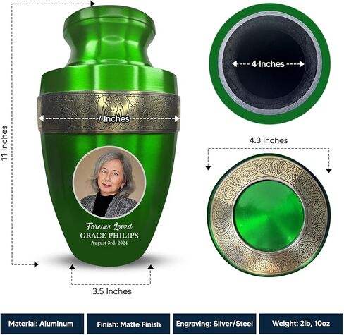 Personalized Adult Human Cremation Urn with Photo and Engraved Name Date on Vessel for Ashes and Cremains of Men and Women | Elite Series Picture Urn with Gold Rim | 200 Lbs | Green in Saudi Arabia
