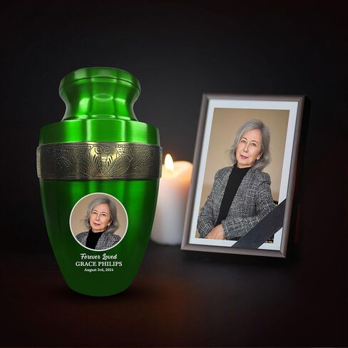 Personalized Adult Human Cremation Urn with Photo and Engraved Name Date on Vessel for Ashes and Cremains of Men and Women | Elite Series Picture Urn with Gold Rim | 200 Lbs | Green in Saudi Arabia