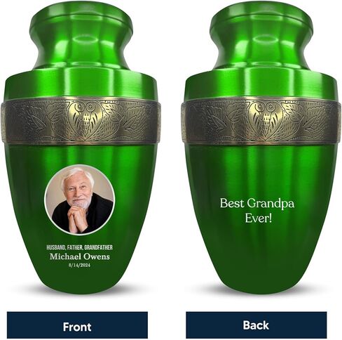 Personalized Adult Human Cremation Urn with Photo and Engraved Name Date on Vessel for Ashes and Cremains of Men and Women | Elite Series Picture Urn with Gold Rim | 200 Lbs | Green in Saudi Arabia