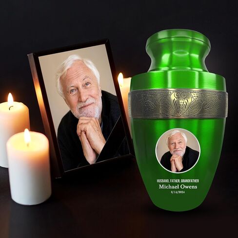 Personalized Adult Human Cremation Urn with Photo and Engraved Name Date on Vessel for Ashes and Cremains of Men and Women | Elite Series Picture Urn with Gold Rim | 200 Lbs | Green in Saudi Arabia