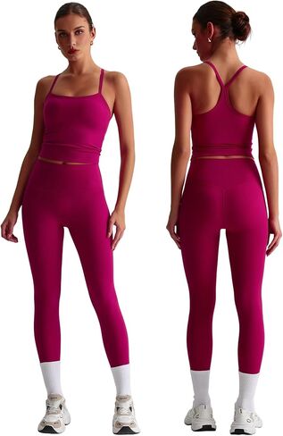 Women 2 Piece Workout Sets Padded Criss Cross Back Crop Tank High Waist Tummy Control Active Leggings Sets Yoga Outfit in Saudi Arabia