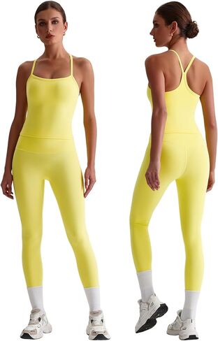 Women 2 Piece Workout Sets Padded Criss Cross Back Crop Tank High Waist Tummy Control Active Leggings Sets Yoga Outfit in Saudi Arabia