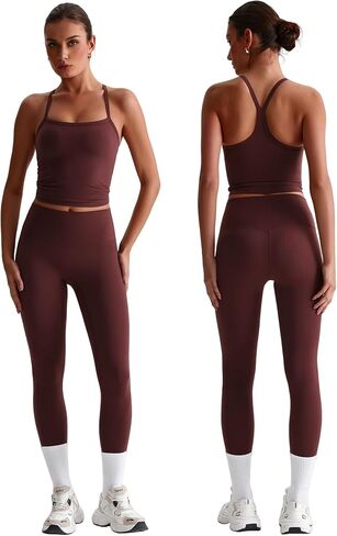 Women 2 Piece Workout Sets Padded Criss Cross Back Crop Tank High Waist Tummy Control Active Leggings Sets Yoga Outfit in Saudi Arabia