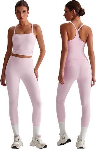 Women 2 Piece Workout Sets Padded Criss Cross Back Crop Tank High Waist Tummy Control Active Leggings Sets Yoga Outfit in Saudi Arabia