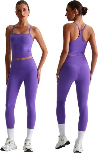 Women 2 Piece Workout Sets Padded Criss Cross Back Crop Tank High Waist Tummy Control Active Leggings Sets Yoga Outfit in Saudi Arabia