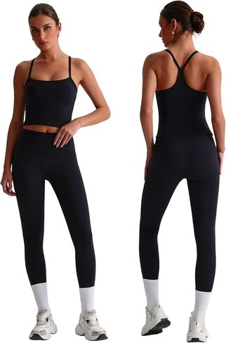 Women 2 Piece Workout Sets Padded Criss Cross Back Crop Tank High Waist Tummy Control Active Leggings Sets Yoga Outfit in Saudi Arabia