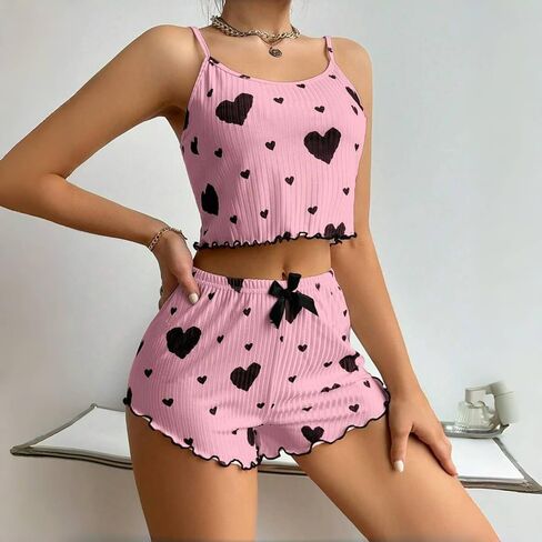 Sexy Pajama Set for Women 2 Piece Lounge Set Summer Cute Crop Cami Top and Shorts Ribbed Sleepwear Pj Sets in Saudi Arabia