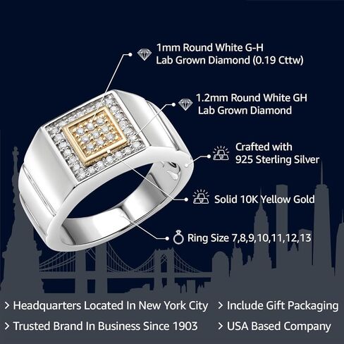 Gem Stone King Men's 10K Yellow Gold and 925 Sterling Silver 2 Tone White Lab Grown Diamond Ring for Men | 0.19 Cttw, | DEF Color | VVS-VS Clarity in Saudi Arabia