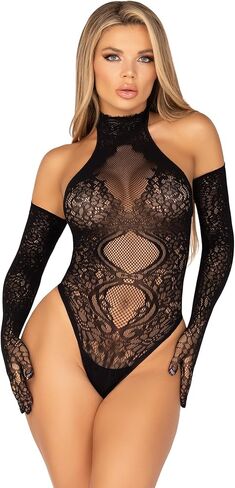 Leg Avenue Women's 2 PC Lace Halter Teddy and Matching Long Lace Gloves, BLACK, O/S in Saudi Arabia