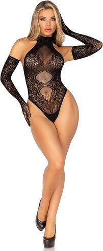 Leg Avenue Women's 2 PC Lace Halter Teddy and Matching Long Lace Gloves, BLACK, O/S in Saudi Arabia