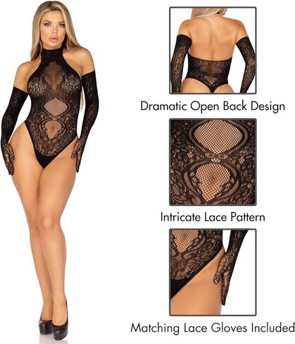Leg Avenue Women's 2 PC Lace Halter Teddy and Matching Long Lace Gloves, BLACK, O/S in Saudi Arabia
