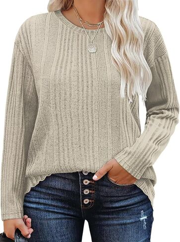 DOLNINE Plus-Size-Tops for Women Casual Crewneck Shirts Comfy Long Sleeve Tees Ribbed Knit Lightweight Sweatshirts XL-5XL in Kuwait