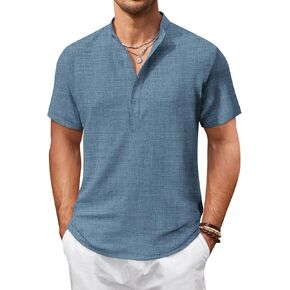 COOFANDY Men's Casual Henley Shirt Short Sleeve Summer Shirts Linen Band Collar Summer Beach Hippie T-Shirts in Saudi Arabia