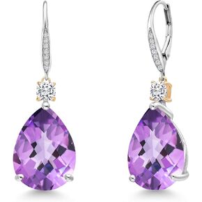 Gem Stone King 20.38 Cttw Purple Amethyst White Moissanite and White Lab Grown Diamond Earrings For Women | 925 Silver and 10K Yellow Gold | Pear Shape Checkerboard 18X13MM in Saudi Arabia