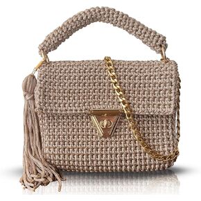 Handmade Caramel Crochet Shoulder Bag for Women | Gold Chain & Top Handle | Boho Knitted Purse | Elegant Evening in Saudi Arabia