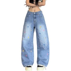 Women's Baggy Jeans Embroidered Wide Leg Jeans Y2k Hip Hop Loose Fit Denim Pants Skater in Saudi Arabia