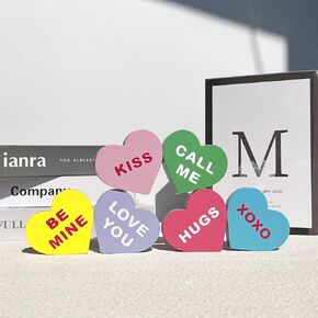 Valentines Day Decor Wooden 6 Pcs Heart Table Decorations Signs Classic Valentine Wood Colorful Conversation Hearts Tiered Tray Blocks Centerpiece Decoration for Home, Tabletop, Mantel, Office in Kuwait