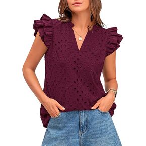 BTFBM Women Summer Eyelet Tops Dressy Casual V Neck Ruffle Cap Sleeve Cotton Boho Shirts Lace Embroidered Blouses 2025 in Kuwait