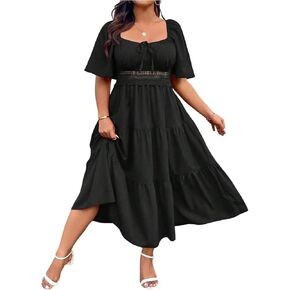 Women's Plus Size Wedding Guest Dress Flowy Boho Maxi Dress Ruffle Milkmaid Summer Square Neck Ruched Sundress in Saudi Arabia