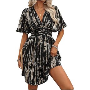 Floerns Women's Snakeskin Print V Neck Short Dress Flutter Sleeve A Line Flowy Dresses in Kuwait