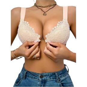 GORGLITTER Women's Floral Lace Front Closure Bra Push Up Wide Strap Underwire Sheer Bras Full Coverage Sexy Plunge Bralette in Saudi Arabia