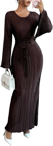 Women's Lace Up Bodycon Dress Elegant Textured Fall Dress Long Bell Sleeve Maxi Party Dresses in Saudi Arabia