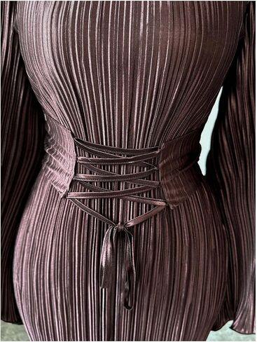 Women's Lace Up Bodycon Dress Elegant Textured Fall Dress Long Bell Sleeve Maxi Party Dresses in Saudi Arabia