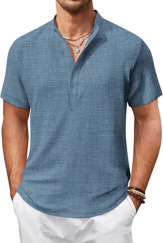 COOFANDY Men's Casual Henley Shirt Short Sleeve Summer Shirts Linen Band Collar Summer Beach Hippie T-Shirts in Saudi Arabia