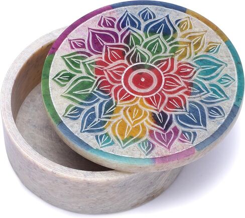 Ajuny Handmade Marble Soapstone Small Round Decorative Box Mandala Carvings Multipurpose Use as Jewelry Storage, Ring Holder, Trinket Holder Home Decor Great For Gifts 3 x 3 x 1.2 Inches in Saudi Arabia