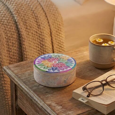Ajuny Handmade Marble Soapstone Small Round Decorative Box Mandala Carvings Multipurpose Use as Jewelry Storage, Ring Holder, Trinket Holder Home Decor Great For Gifts 3 x 3 x 1.2 Inches in Saudi Arabia