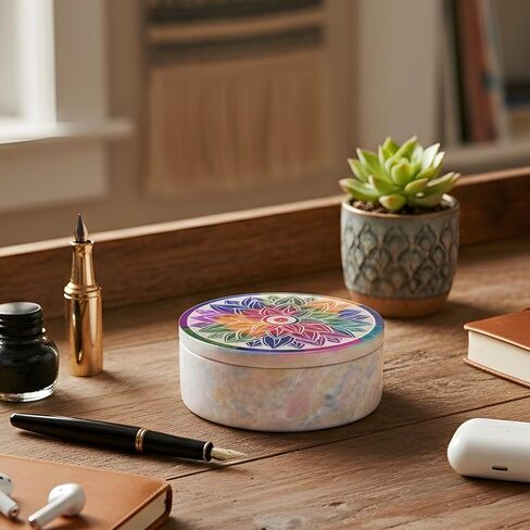 Ajuny Handmade Marble Soapstone Small Round Decorative Box Mandala Carvings Multipurpose Use as Jewelry Storage, Ring Holder, Trinket Holder Home Decor Great For Gifts 3 x 3 x 1.2 Inches in Saudi Arabia