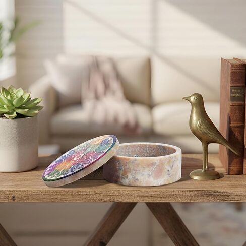 Ajuny Handmade Marble Soapstone Small Round Decorative Box Mandala Carvings Multipurpose Use as Jewelry Storage, Ring Holder, Trinket Holder Home Decor Great For Gifts 3 x 3 x 1.2 Inches in Saudi Arabia