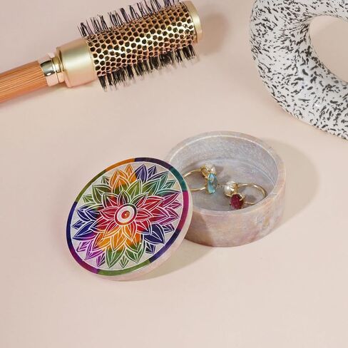 Ajuny Handmade Marble Soapstone Small Round Decorative Box Mandala Carvings Multipurpose Use as Jewelry Storage, Ring Holder, Trinket Holder Home Decor Great For Gifts 3 x 3 x 1.2 Inches in Saudi Arabia