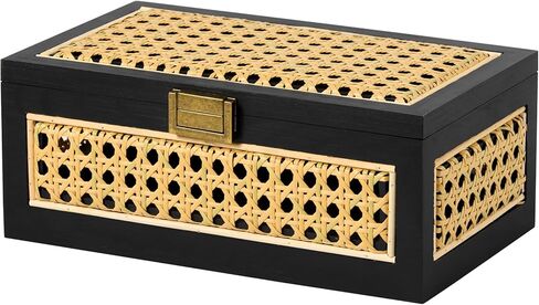 Rattan Storage Boxes Decorative Handmade Natural Wood Baskets with Lid Wooden Frame Boho Rustic Wicker Box Stacking Woven Cane Bins Shelf Closet Desk Organizer Container (Walnut, Small) in Saudi Arabia