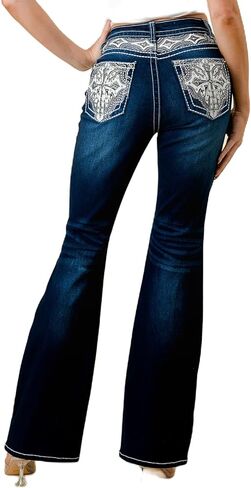 Women's High Waist Boot Cut Jeans, Embroidered Waist and Back Pockets in Saudi Arabia
