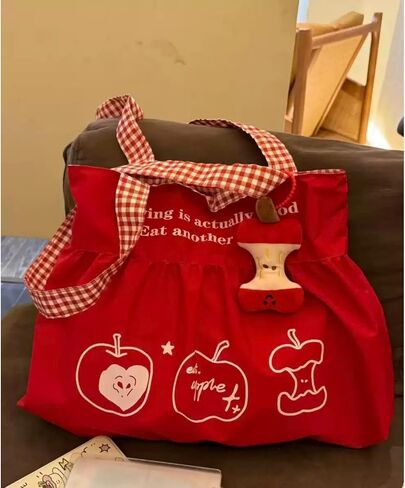 Womens Apple Canvas Tote Bag Y2k Whimsy Twee Accessories Funky Fruit Purse Charm Whimsical Lace Shoulder Handbag in Saudi Arabia