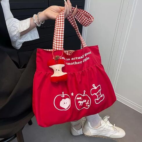 Womens Apple Canvas Tote Bag Y2k Whimsy Twee Accessories Funky Fruit Purse Charm Whimsical Lace Shoulder Handbag in Saudi Arabia