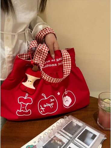 Womens Apple Canvas Tote Bag Y2k Whimsy Twee Accessories Funky Fruit Purse Charm Whimsical Lace Shoulder Handbag in Saudi Arabia