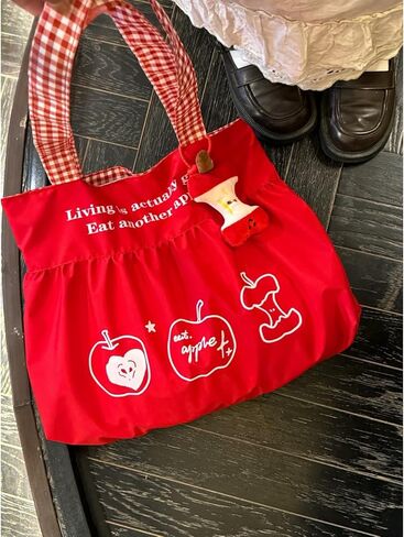 Womens Apple Canvas Tote Bag Y2k Whimsy Twee Accessories Funky Fruit Purse Charm Whimsical Lace Shoulder Handbag in Saudi Arabia