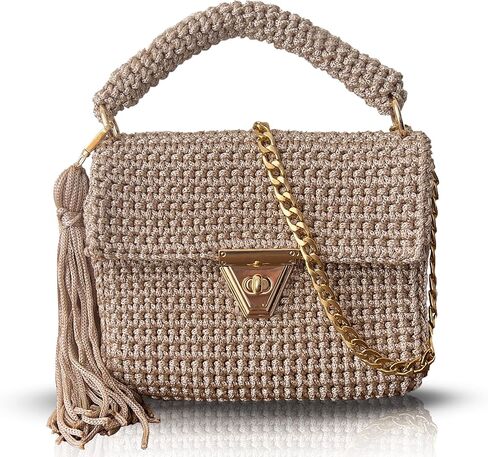 Handmade Caramel Crochet Shoulder Bag for Women | Gold Chain & Top Handle | Boho Knitted Purse | Elegant Evening in Saudi Arabia