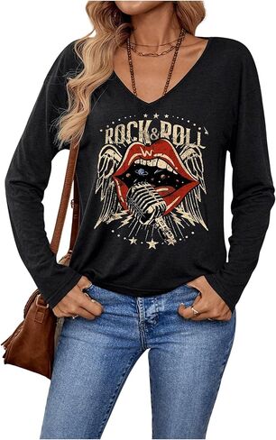 SOLY HUX Women's Graphic Tees V Neck Long Sleeve T Shirt Rock Roll Vintage Casual Tops in Saudi Arabia