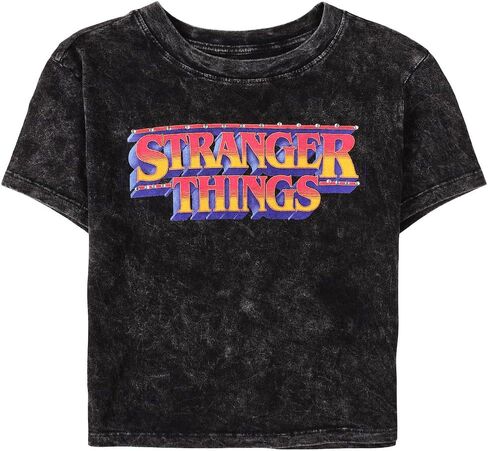 Stranger Things Logo Women’s Black Mineral Wash Crew Neck Short Sleeve Cropped Baby Tee in Kuwait