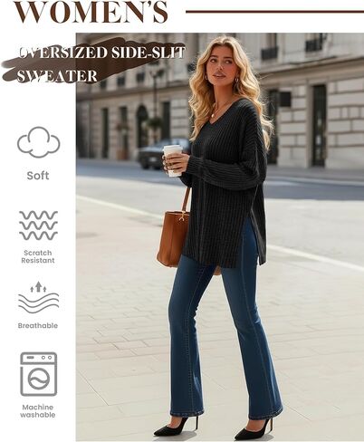 مجموعة من 3 قمصان نسائية كبيرة الحجم بأكمام طويلة، سترات مضلعة برقبة على شكل حرف V محبوكة بفتحات جانبية، قمصان بلوفر كاجوال in Kuwait